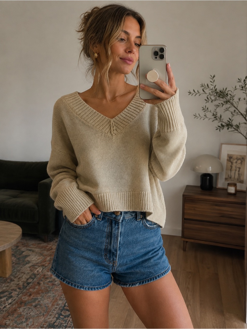 Urban Outfitters BDG Cropped Knit Sweater V-Neck Tan Small